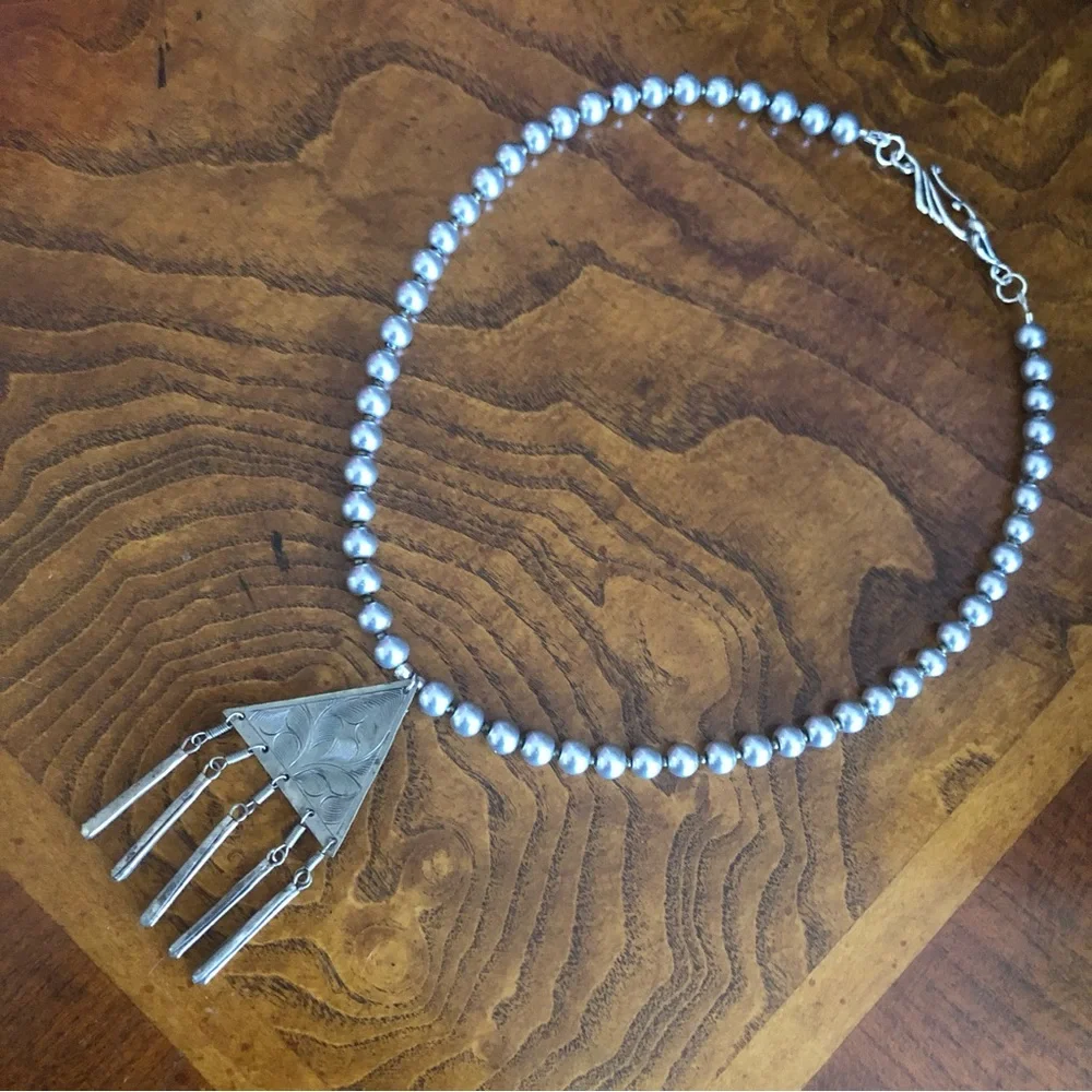Handcrafted repurpose southwest etched steel pendant Czech glass Pearl necklace